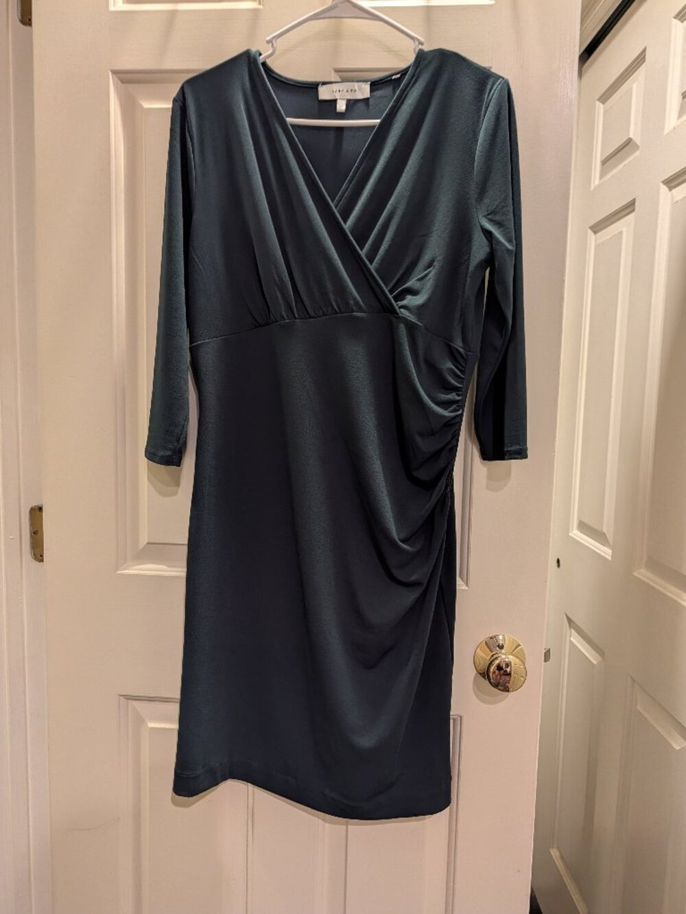Fitted Teal Dress with V-neck and figure flattering rushing,